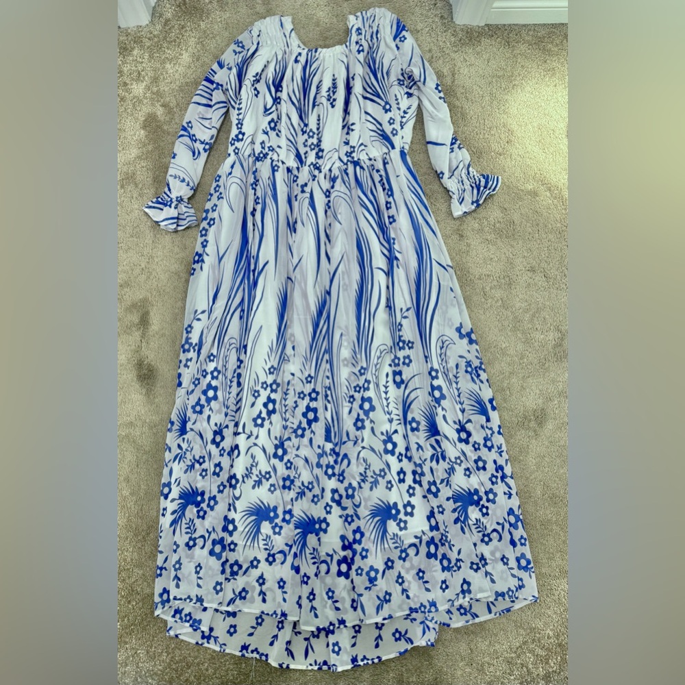 Blue and White Floral Maxi Dress Long Sleeves Size L